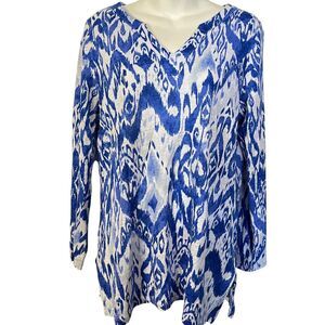 Chicos Womens Ikat Split V Neck 100% Linen Blue Knit Top Long Sleeve White 1/ M